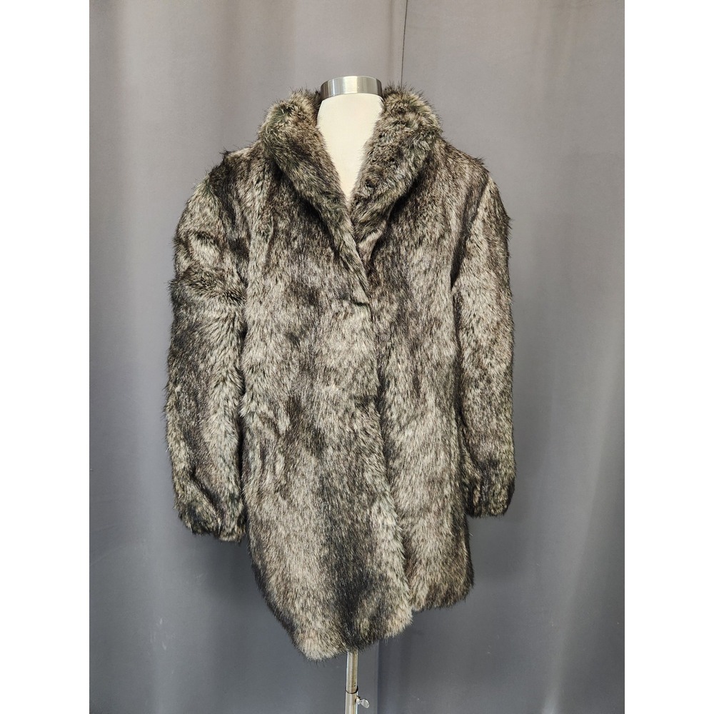 Vintage 80s Mob Wife Style VI Ltd Faux Fur Coat Brown Grey Tissavel France Large
